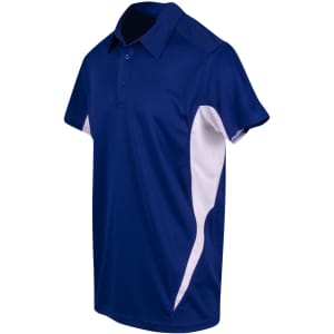A blue and white polyester polo shirt with a logo on the chest and a classic collar.