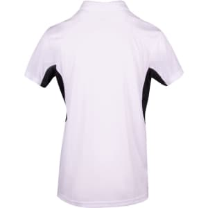 A white and black men's polyester polo shirt featuring a logo, showcasing a simple back design.