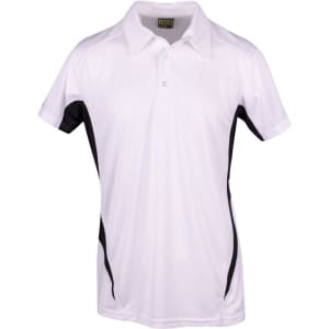 A white polyester polo shirt featuring black accents and a logo on the chest.