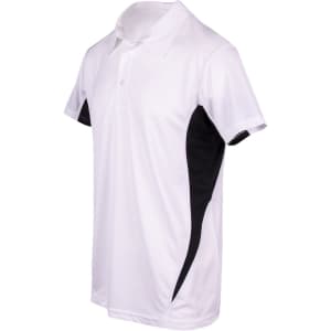 A white polyester polo shirt with black side panels and a collar. It features a logo on the chest.