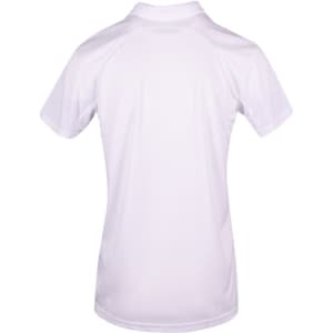 A white polyester polo shirt featuring short sleeves and a back view, including a logo.