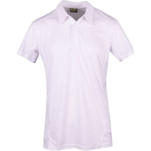 A white polyester polo shirt featuring a collar and a logo. Suitable for casual or active wear.