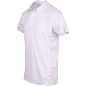 A white polyester polo shirt featuring a collar and short sleeves, with a logo on the chest.