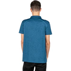 A back view of a teal polyester polo shirt, featuring a logo on the upper back.