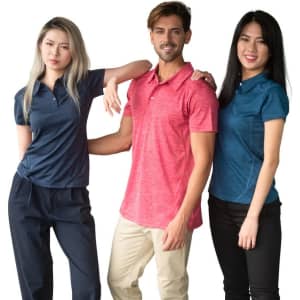 A red, blue, and navy polo shirt displayed on three models, featuring a logo on each shirt.