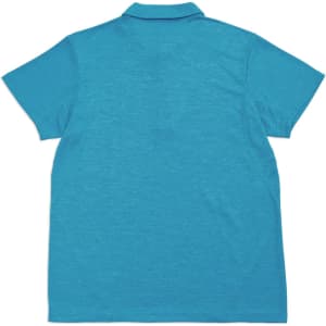 A turquoise unisex polo shirt with a short sleeve and a collar, featuring a logo on the back.