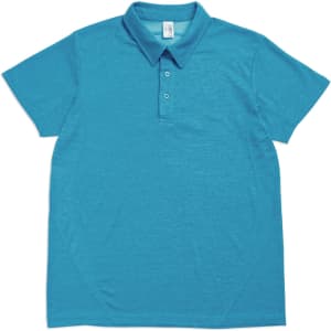 A teal polyester polo shirt with a collar and button placket, featuring a logo on the chest.