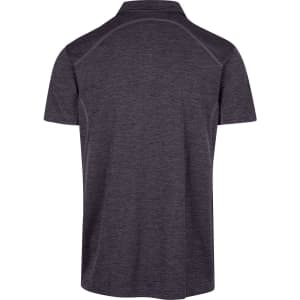 A dark grey men's unisex polyester polo shirt with a logo on the back.