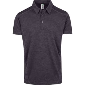 A dark grey polyester polo shirt with a collar and three buttons, featuring a logo.