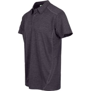 A men's unisex polo shirt in dark grey with a subtle logo and short sleeves.