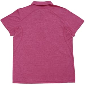 A pink unisex polo shirt featuring a back view and a logo. Made from polyester with a sporty design.