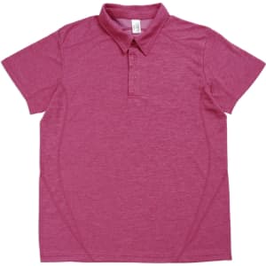 A short-sleeved, maroon polo shirt with a collar and a logo on the chest.