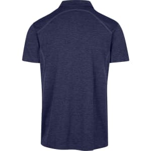 A navy blue polyester polo shirt featuring a collar and a branding logo on the back.