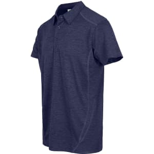 A dark navy polyester polo shirt with a collar and short sleeves, featuring a logo.