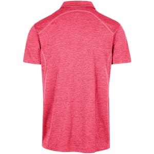 A red polyester polo shirt with a collar, featuring a back design and a logo.