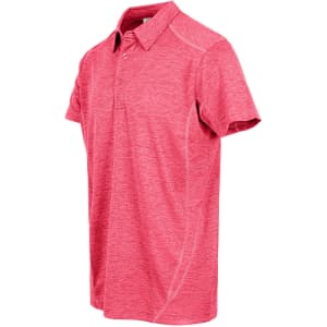 A red polyester polo shirt featuring a modern design and a small logo. Ideal for casual or sporty wear.