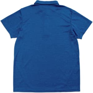 A blue polyester polo shirt with a collar, featuring a logo. The back view highlights its clean design.
