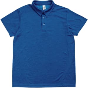 A blue polyester polo shirt featuring a collar and three-button placket. It has a brand logo on the label.