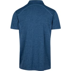 A blue polyester polo shirt with a logo, featuring a classic collar and short sleeves.