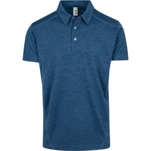 A blue polyester polo shirt featuring a collar, short sleeves, and a logo on the chest.