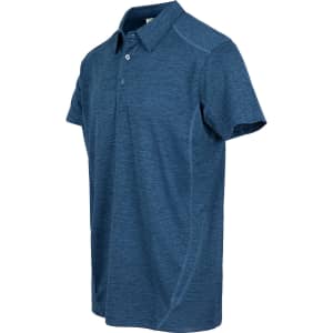 A blue polyester polo shirt with a collar and a logo, featuring short sleeves and a fitted design.