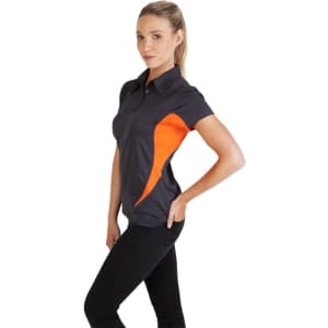 A women's polyester polo shirt in grey with vibrant orange accents, featuring a logo on the chest.