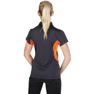 A women's polo shirt in dark grey with orange accents, featuring a logo on the back.