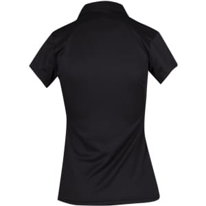 A black women's polo shirt featuring a collared neckline and short sleeves, with a logo on the back.