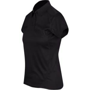 A black women's polyester polo shirt with a classic collar and short sleeves, featuring a logo.