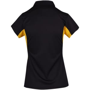 A women's polyester polo shirt in black and yellow, featuring a collar and short sleeves. It has a logo on the front.