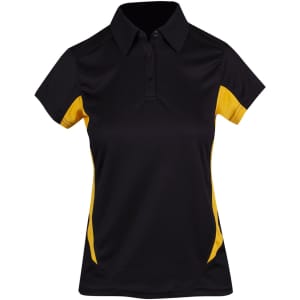 A women's polyester polo shirt in black with yellow accents and a collar, featuring buttons and a logo.
