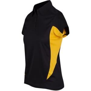 A black and yellow women's polyester polo shirt with short sleeves and a collar, featuring a logo.