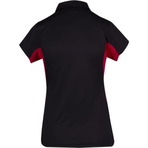 A women's polyester polo shirt in black with red accents, featuring a stylish design and a logo.