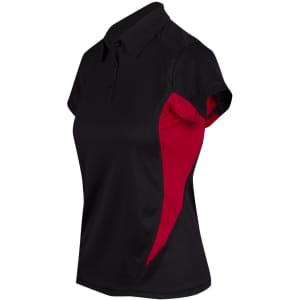 A black and red women's polo shirt with a collar and short sleeves, featuring a logo.