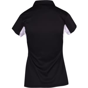 A black polyester polo shirt with short sleeves and white accents, featuring a collar and a logo.