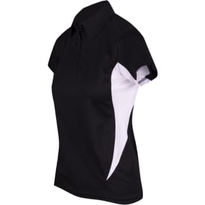 A black and white women's polo shirt with a collar and short sleeves. The shirt features a logo.