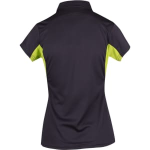 A women's polo shirt in navy with bright green accents, featuring a logo on the back.