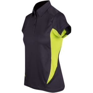 A women's polo shirt in black with fluorescent yellow side panels and a classic collar. It features a logo on the front.