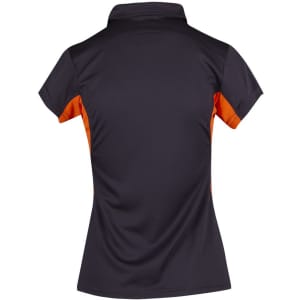 A black and orange women's polo shirt featuring a collared neckline and short sleeves, with a logo on the back.