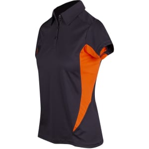 A women's polyester polo shirt in black with orange side panels and a collar. It features a logo on the chest.