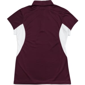 A women's polyester polo shirt in maroon with white side panels and a collar, featuring a logo.