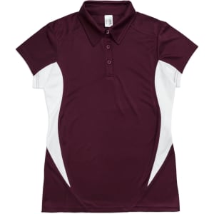 A maroon women's polo shirt with white side panels and a branded logo on the fabric.