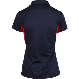 A women's polyester polo shirt in navy and red, featuring a logo. The back view showcases a sleek design.