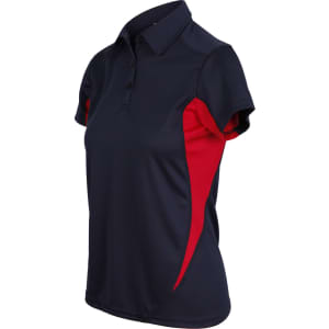 A women's polyester polo shirt featuring navy blue and red colours, with a logo on the chest.