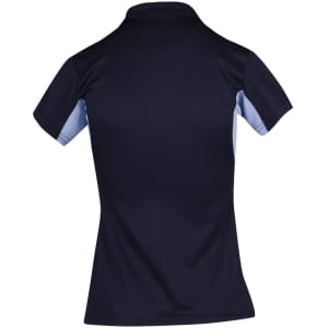 A navy polyester polo shirt featuring short sleeves and a contrasting light blue panel, with a logo present.