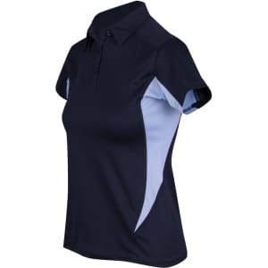 A navy and light blue women's polyester polo shirt featuring a collar and short sleeves, with a logo on it.