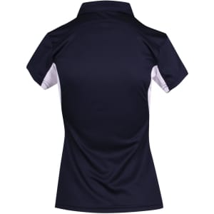 A women's polyester polo shirt in navy with contrasting white panels, featuring a collar and short sleeves.
