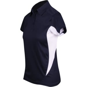 A women's polo shirt featuring a navy body with white side panels and a collar. Includes a logo on the fabric.