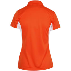 A women's polo shirt in vibrant orange with white side panels and a collar, featuring a logo.