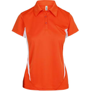 An orange women's polyester polo shirt featuring white side accents and a collar. It has a logo on the chest.